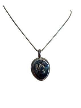 Silver Tone Pendant Necklace Blue Silver Swirl Enamel Snake Chain Adj 19"